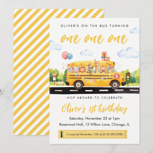 One one one School Bus 1e verjaardagsuitnodiging Kaart (Voorkant / Achterkant)