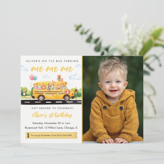 One One One School Bus 1st Birthday Invitation Kaart (Staand voorkant)