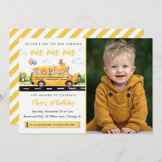 One One One School Bus 1st Birthday Invitation Kaart (Voorkant / Achterkant)