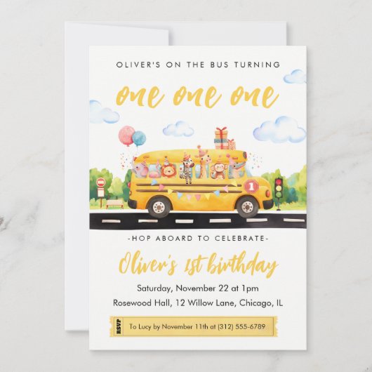 One one one School Bus 1st Birthday Invitation Kaart (Voorkant)