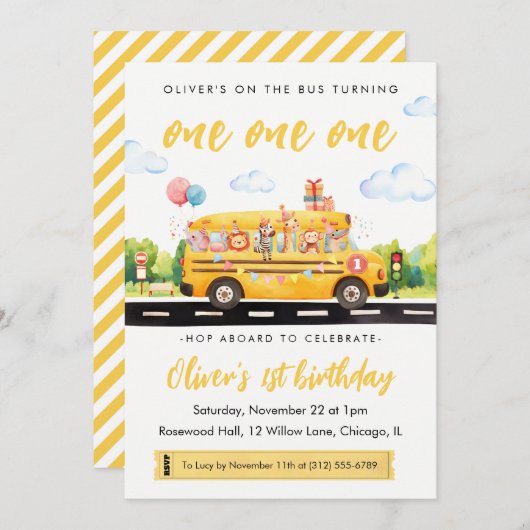 One one one School Bus 1st Birthday Invitation Kaart (Voorkant / Achterkant)