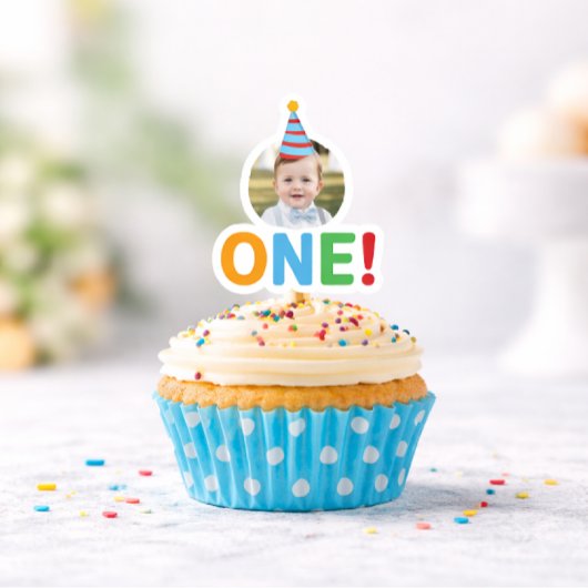  One Photo birthday Cupcake Topper Sticker