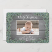One Photo Christmas Greenery & Rustiek Grijs Hout Feestdagenkaart (Voorkant)
