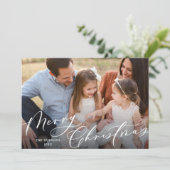 One Photo Elegant White Script Merry Kerstry Feestdagenkaart (Staand voorkant)