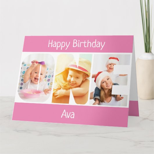 ONE Photo Letters Roze Meisjes 1e Verjaardag Kaart (Voorkant)