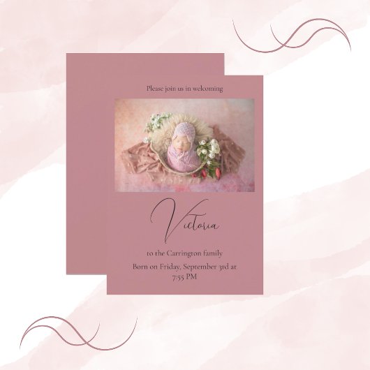 One Photo Mauve Baby Birth Announcement Card Aankondiging