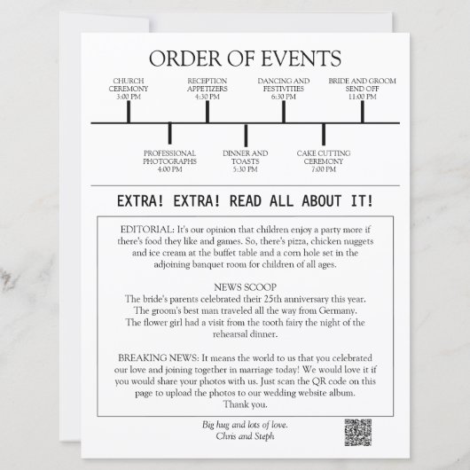 One Photo Newspaper QR Code White Wedding Program (Achterkant)