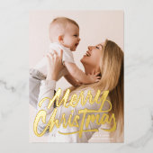 One Photo Retro Gold Merry Christmas Script  Folie Feestdagenkaart (Voorkant)