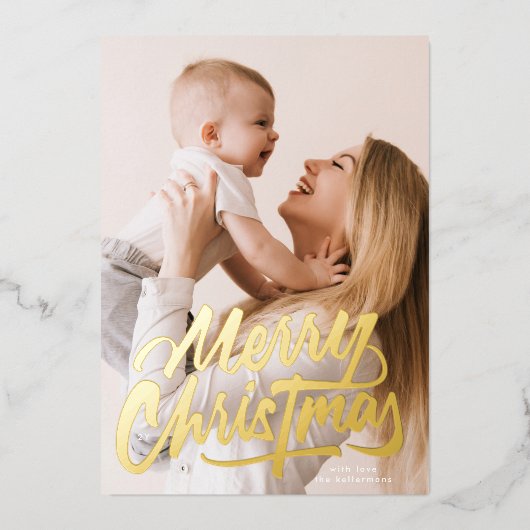 One Photo Retro Gold Merry Christmas Script  Folie Feestdagenkaart (Voorkant)