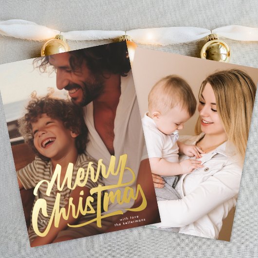 One Photo Retro Gold Merry Christmas Script Folie Feestdagenkaart