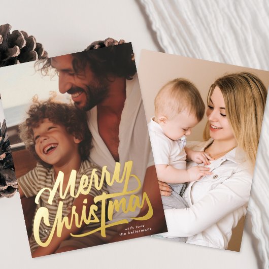 One Photo Retro Gold Merry Christmas Script Folie Feestdagenkaart