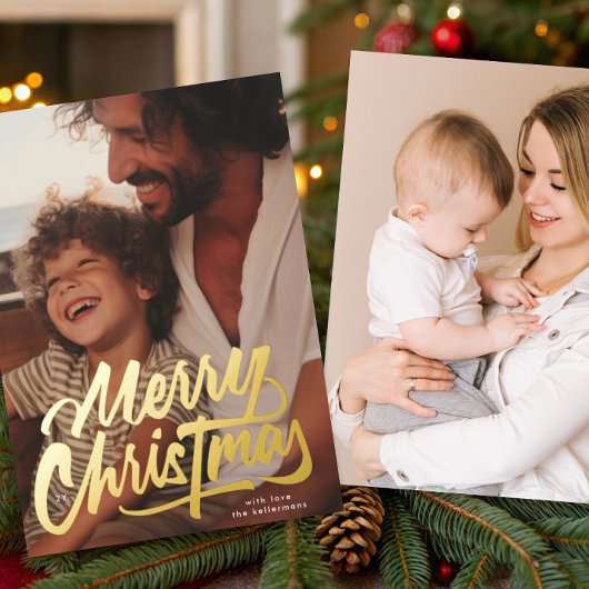 One Photo Retro Gold Merry Christmas Script  Folie Feestdagenkaart