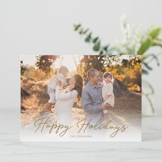  One Photo Rustic Gold Script Happy Feestdagenkaart (Staand voorkant)