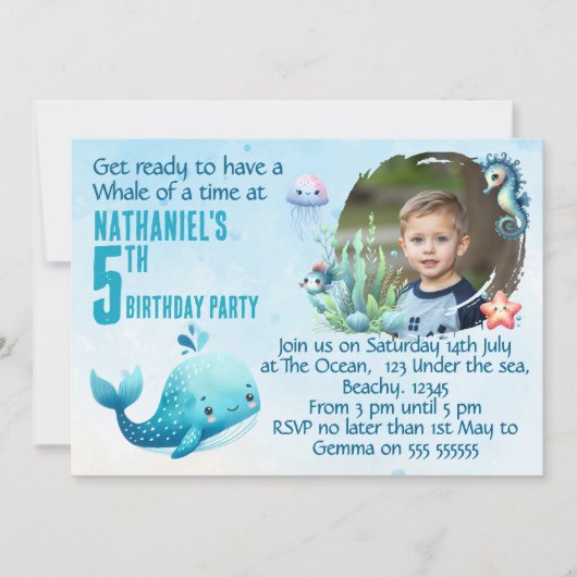 One Photo Whale 5th Birthday Party Invitation Kaart (Voorkant)