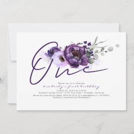 One Purple Flowers 1st Birthday Party Uitnodiging