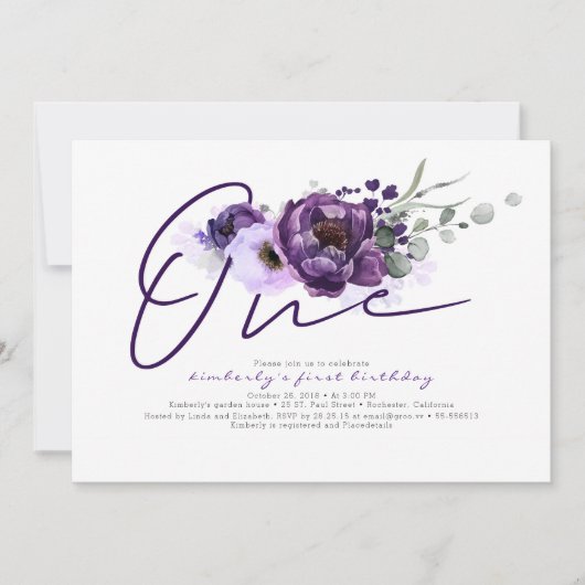 One Purple Flowers 1st Birthday Party Uitnodiging (Voorkant)
