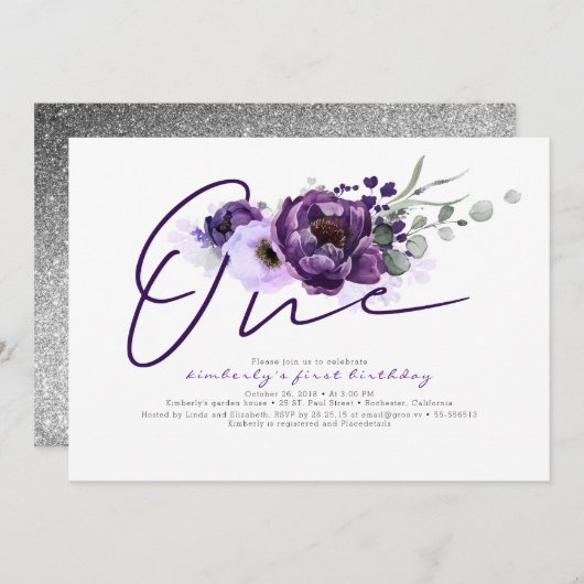 One Purple Flowers 1st Birthday Party Uitnodiging (Voorkant / Achterkant)