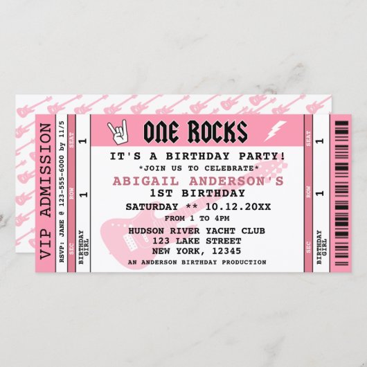 ONE ROCKS CONCERT TICKET 1E VERJAARDAG UITNODIGING (Voorkant / Achterkant)