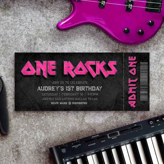 One Rocks - Girl 1st Birthday Ticket Invitation Kaart