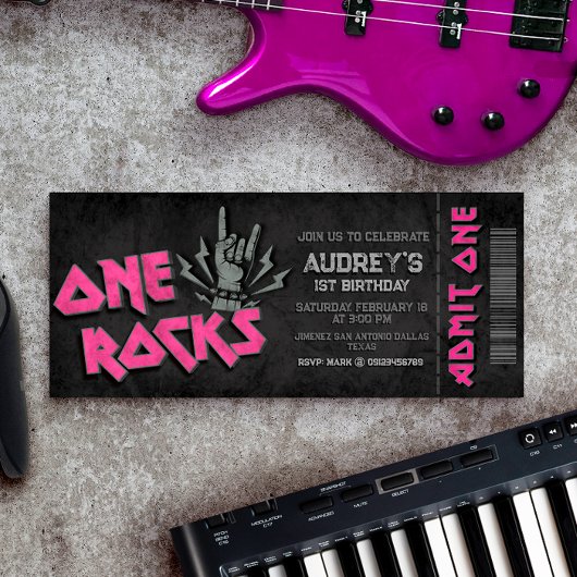 One Rocks - Girl 1st Birthday Ticket Invitation Kaart