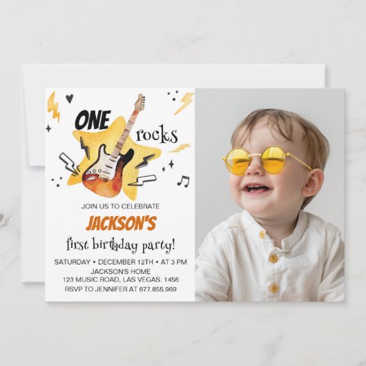 One Rocks gitaar 1e verjaardag foto uitnodiging (Voorkant)