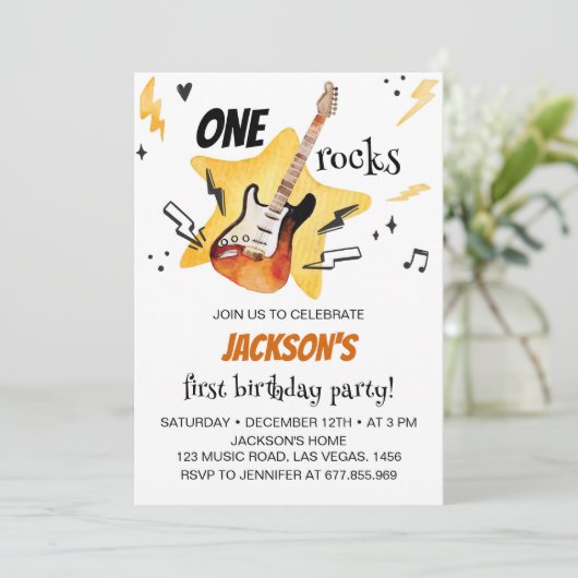 One Rocks gitaar rock en roll verjaardagsuitnodigi Kaart (Staand voorkant)