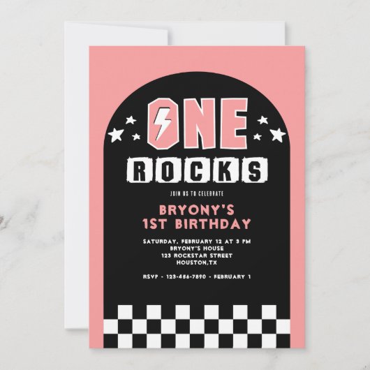 One Rocks Pink 1st Birthday Party Invitation Kaart (Voorkant)