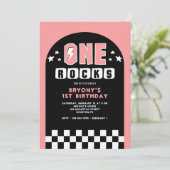 One Rocks Pink 1st Birthday Party Invitation Kaart (Staand voorkant)