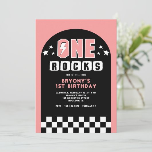 One Rocks Pink 1st Birthday Party Invitation Kaart (Staand voorkant)