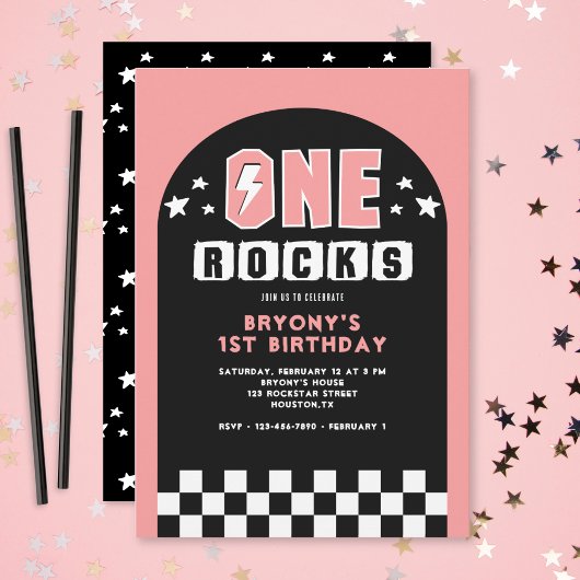 One Rocks Pink 1st Birthday Party Invitation Kaart