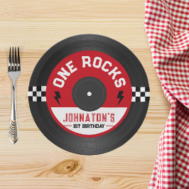 One Rocks Vinyl Record Rock n Roll 1e verjaardag Papieren Bordje