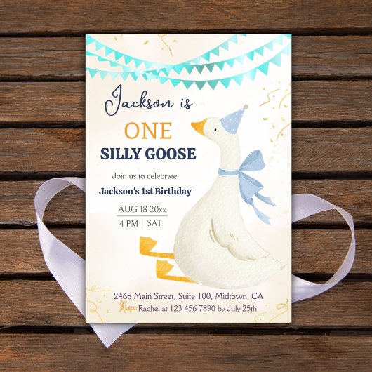 One silly goose 1st birthday blue cool cute boy kaart