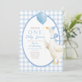 One Silly Goose 1st Birthday: Blue Gingham  Kaart (Staand voorkant)