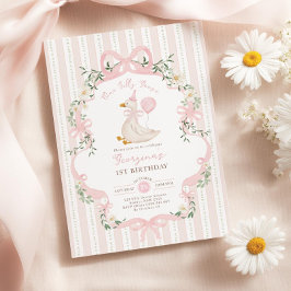 One Silly Goose 1st Birthday Invitation, Pink Bow  Kaart