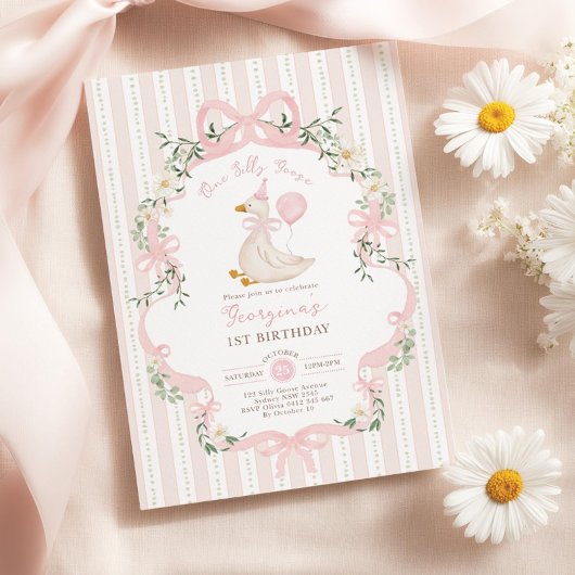One Silly Goose 1st Birthday Invitation, Pink Bow Kaart