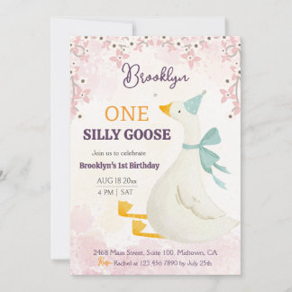 One silly goose 1st birthday pink floral girl cute kaart