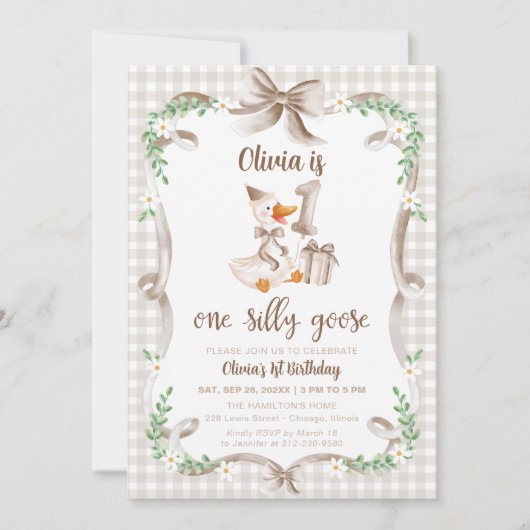 One Silly Goose Beige Brown Bow 1st Birthday Kaart (Voorkant)
