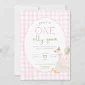 One Silly Goose Birthday Invite Pink Gingham First Kaart (Voorkant)