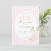 One Silly Goose Birthday Invite Pink Gingham First Kaart (Staand voorkant)