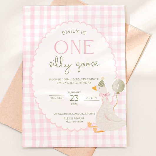 One Silly Goose Birthday Invite Pink Gingham First Kaart