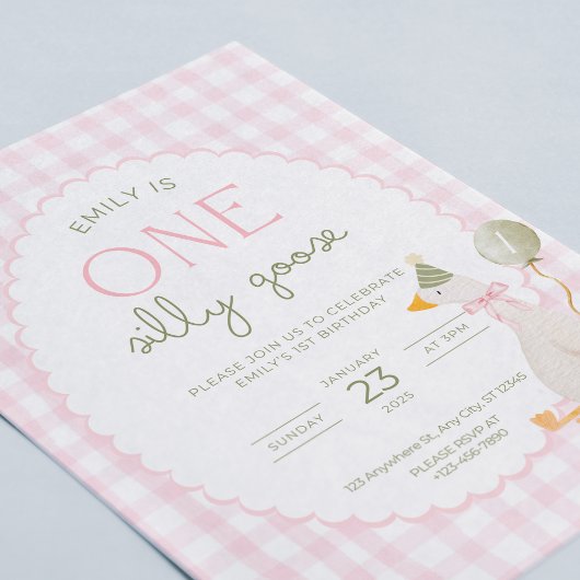 One Silly Goose Birthday Invite Pink Gingham Kaart