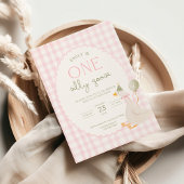 One Silly Goose Birthday Invite Pink Gingham Kaart
