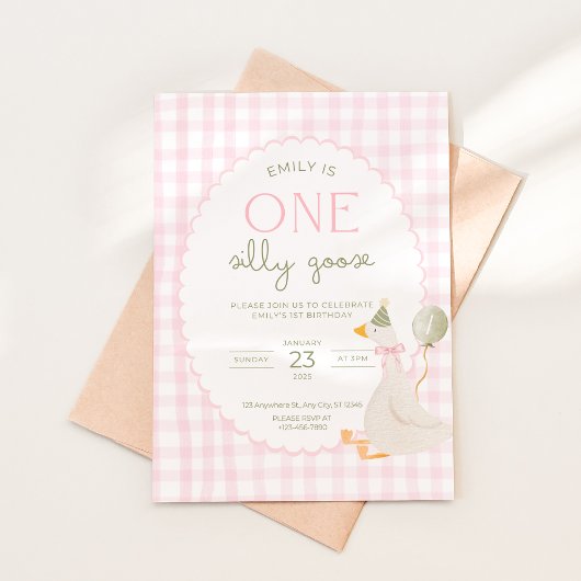 One Silly Goose Birthday Invite Pink Gingham Kaart