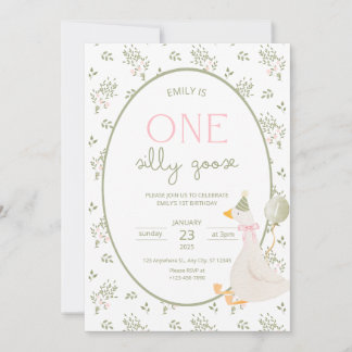 One Silly Goose Birthday Invite Vintage Floral 1ST Kaart