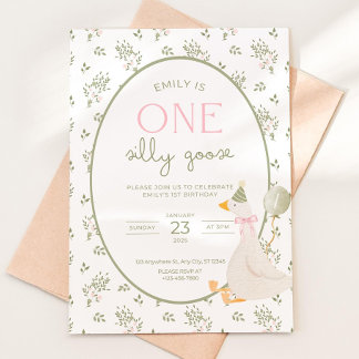 One Silly Goose Birthday Invite Vintage Floral Fir Kaart