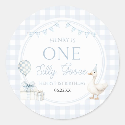 ONE Silly Goose Blue 1st Birthday Party Ronde Sticker (Voorkant)
