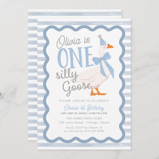 One Silly Goose Blue Bow 1st Birthday Kaart (Voorkant / Achterkant)