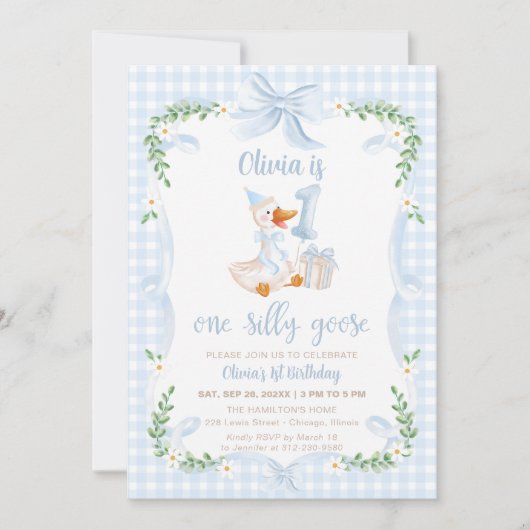 One Silly Goose Blue Bow Floral 1st Birthday Kaart (Voorkant)