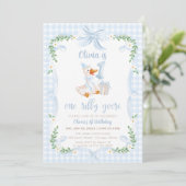 One Silly Goose Blue Bow Floral 1st Birthday Kaart (Staand voorkant)