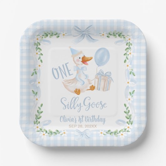 One Silly Goose Blue Bow Floral 1st Birthday Papieren Bordje (Voorkant)